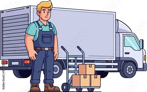 Man with cart and boxes next to moving truck