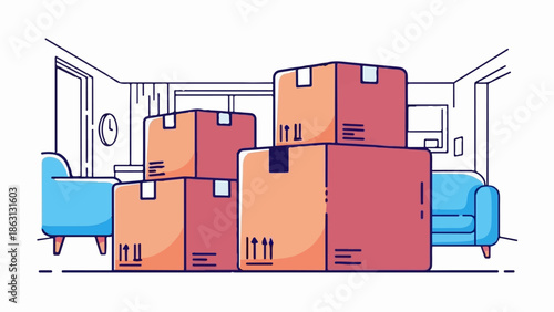 Illustration of moving boxes stacked in a cluttered room with blue sofas, depicting relocation or unpacking