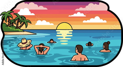 People swimming in ocean at sunset with palm trees on island