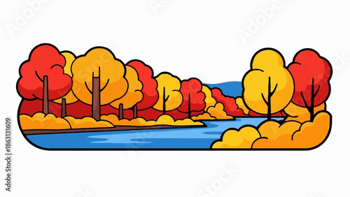 Stylized autumnal forest scene with a winding blue river