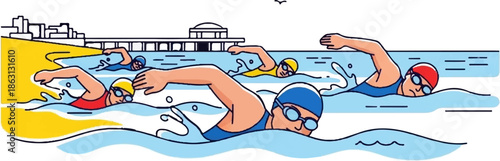 Four swimmers race in a pool near a sandy beach with buildings in the background