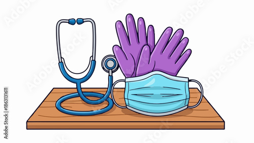 Medical supplies, stethoscope, gloves, and mask on wooden shelf