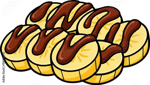 Illustration of many yellow banana slices topped with delicious brown chocolate drizzle, cartoon style