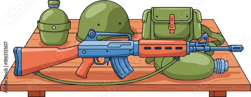 Illustration of military gear including a rifle, helmet, canteen, and pouch on a wooden surface