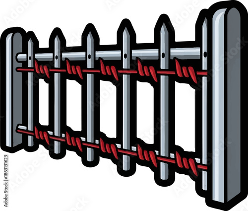 Stylized barbed wire fence with silver posts and red wire