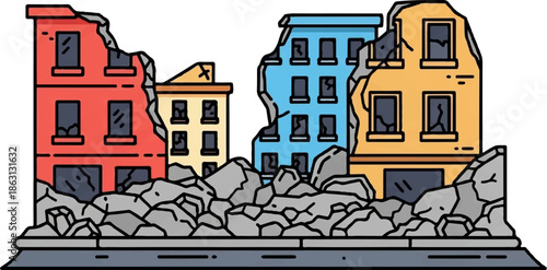 Illustration of multi-colored demolished buildings with extensive rubble, symbolizing urban decay or disaster