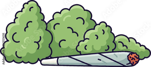 Illustration of several green cannabis buds with a lit joint lying horizontally in front, against white
