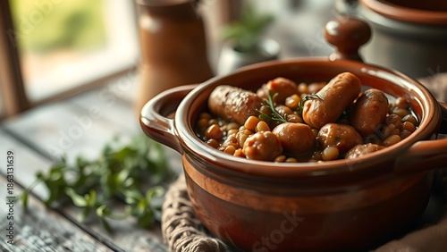 aligot. A rustic ceramic pot containing a slow-cooked stew of sausage and lentils. menu design, packaging mockups, designed for food delivery and cloud-kitchen brand materials.
