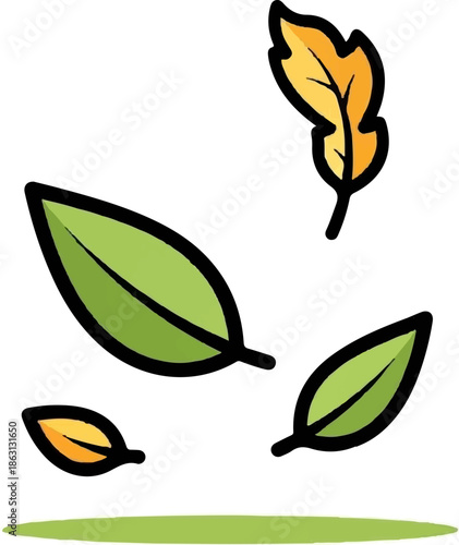 Four stylized leaves, two green and two yellow, float against a white background