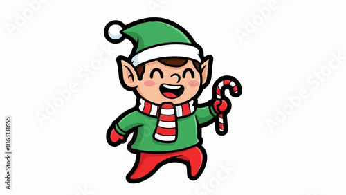 Happy cartoon elf with candy cane