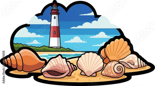 Stylized beach scene featuring a tall red and white lighthouse, sandy shore, and various seashells
