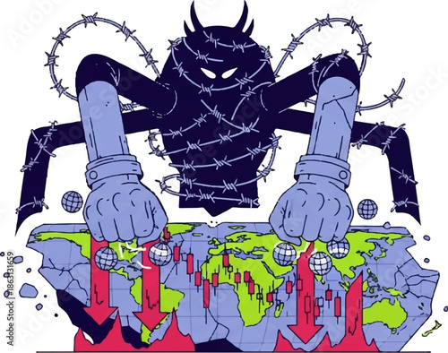 Menacing entity with barbed wire on world map, crushing economies