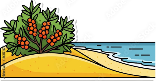 Stylized beach scene with a sea buckthorn bush on a dune, next to blue water
