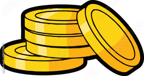 Illustration of shiny golden coins stacked and one leaning, representing wealth and finance
