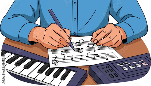 Person composing music, writing notes on staff paper, with keyboards nearby