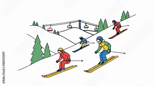 Four skiers descend a snowy slope with evergreen trees and a ski lift
