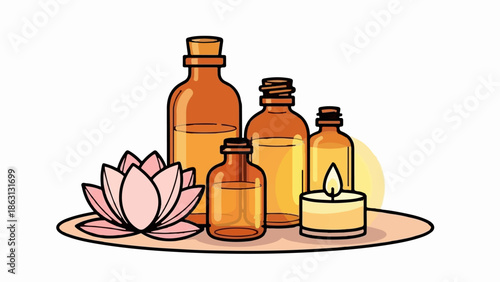 Illustration of spa essentials multiple amber oil bottles, a pink lotus flower, and a lit candle on a tray