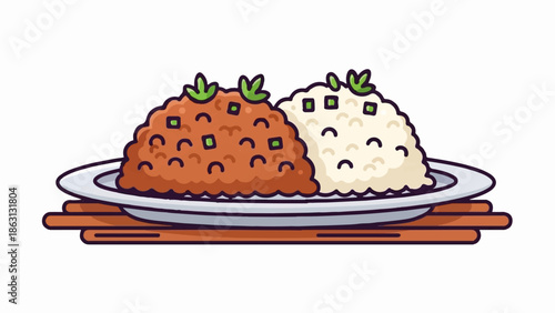 Illustration of two food mounds, one brown and one beige, on a plate with chopsticks, on white