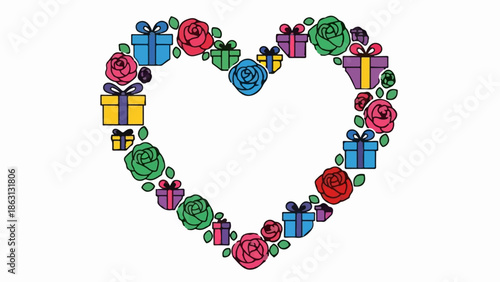 Heart-shaped arrangement of colorful roses and gift boxes, isolated on white