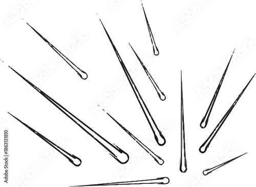 Stylized black and white line art of sharp, thin objects radiating outwards from a central point
