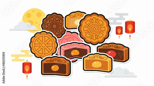 Illustration of various mooncakes with fillings and patterns, a full moon, clouds, and red lanterns