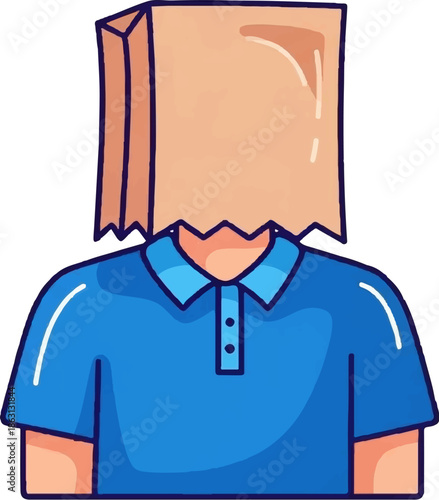 Minimalist illustration of a person wearing a blue polo shirt with a brown paper bag over their head