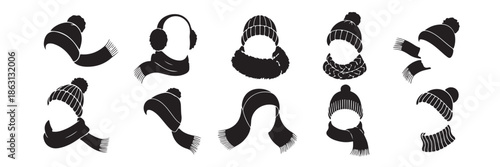 Winter fashion clothes collection of hat and scarf set vector design for cold weather and seasonal wear accessory in various style for male and female clothing