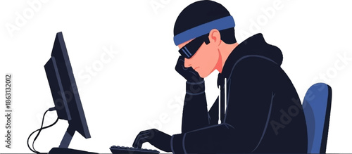 Hooded figure wearing sunglasses and gloves, looking at a computer screen