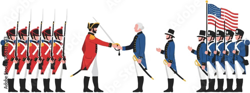 Historical figures in uniform, one group shaking hands, other holds flag