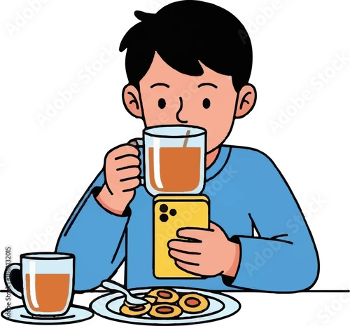 Person enjoys a beverage and snacks while using a mobile device