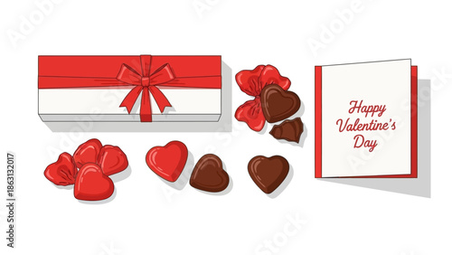 Valentine's Day gift set with chocolates, a gift box, and a greeting card.