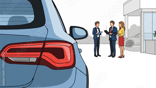 Illustration showing a blue car's rear view and three businesspeople discussing outside a dealership