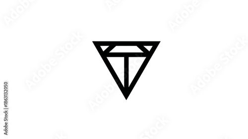 Minimalist black line art geometric icon, inverted triangle abstract design. Stylized diamond or gem symbol, modern vector graphic concept.