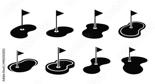 Black and white illustration of golf holes with flags on a white background