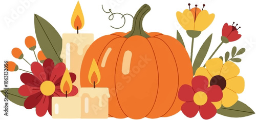 Illustrative autumnal arrangement with a large orange pumpkin, lit candles, colorful flowers, and foliage