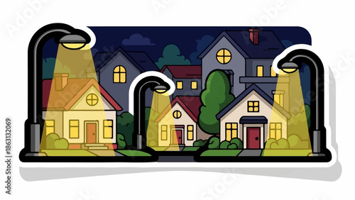 Houses illuminated by streetlights at night