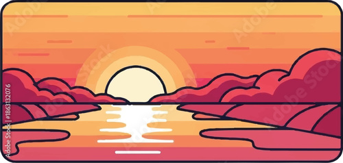 Minimalist sunset over water with colorful clouds and warm light