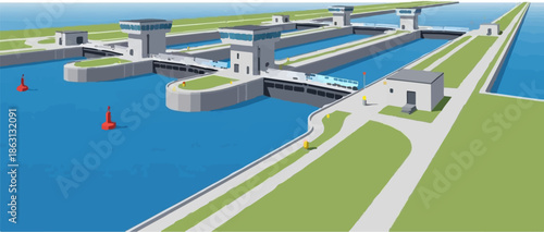 Industrial canal lock system with water channels, control towers, and buoys