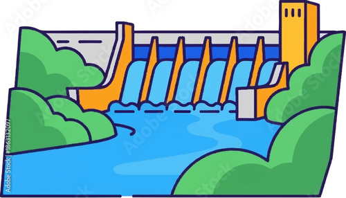 Hydroelectric dam in a natural setting, with water flowing