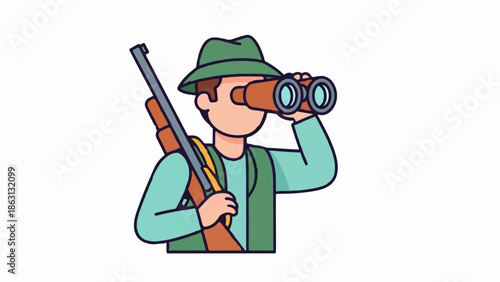 Hunter with binoculars and rifle looks into distance