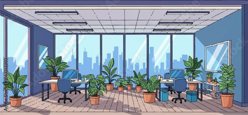 Modern office interior with potted plants, desks, chairs, and city skyline view