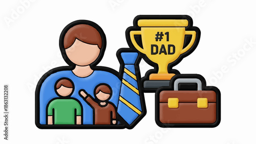 Iconographic representation of fatherhood, including a trophy, briefcase, and family figures