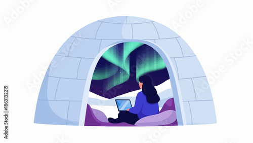 Person in igloo watches aurora borealis on laptop