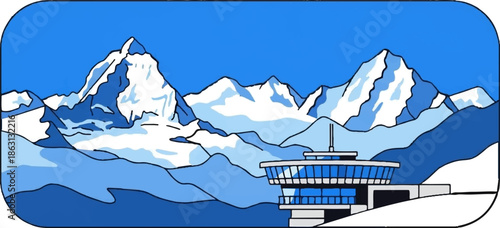 Modern structure nestles amongst majestic snow-capped mountains under a clear blue sky