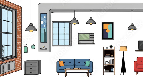 Interior illustration of a modern loft space with industrial elements, furniture, and decor