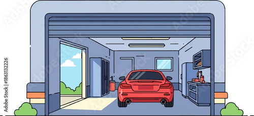 Interior of a garage with a red car, storage, and outdoor view