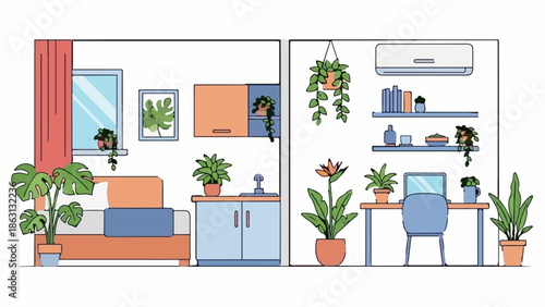 Interior scene with a bed, sink, desk, laptop, and many houseplants