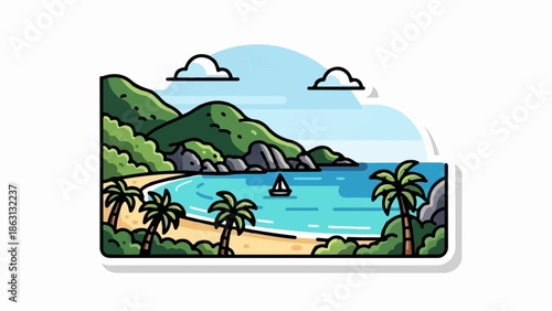 Idyllic coastal scene with rolling green hills, sandy beach, palm trees, and a sailboat on turquoise water under a blue sky with clouds