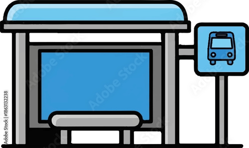 Modern, stylized bus stop with blue shelter and sign
