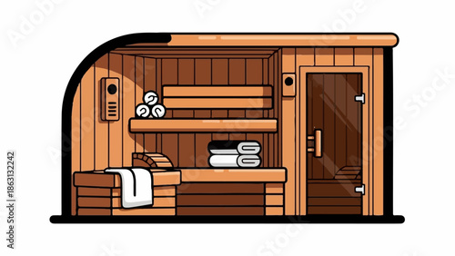 Interior of a wooden sauna room with benches, towels, and a glass door